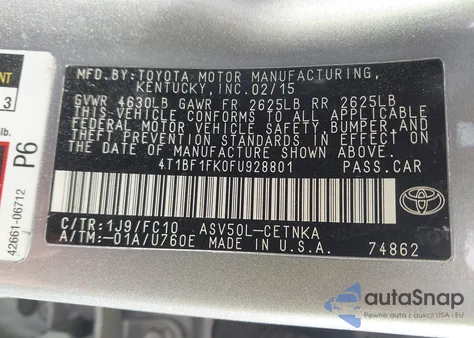 2015 Toyota Camry Le from USA, damaged, VIN 4T1BF1FK0FU928801